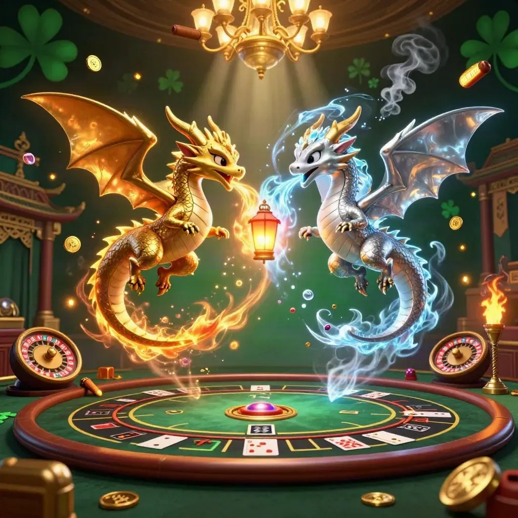 Gold and silver dragons spiral with a lantern spirit in a luxe casino-temple scene.