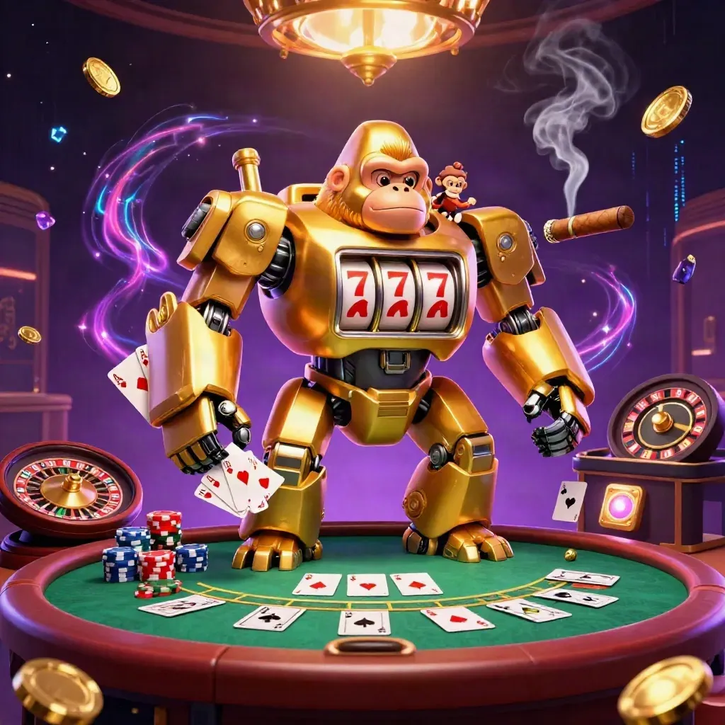 Golden gorilla mech and tiny monkey pilot amid poker, roulette and blackjack glamour