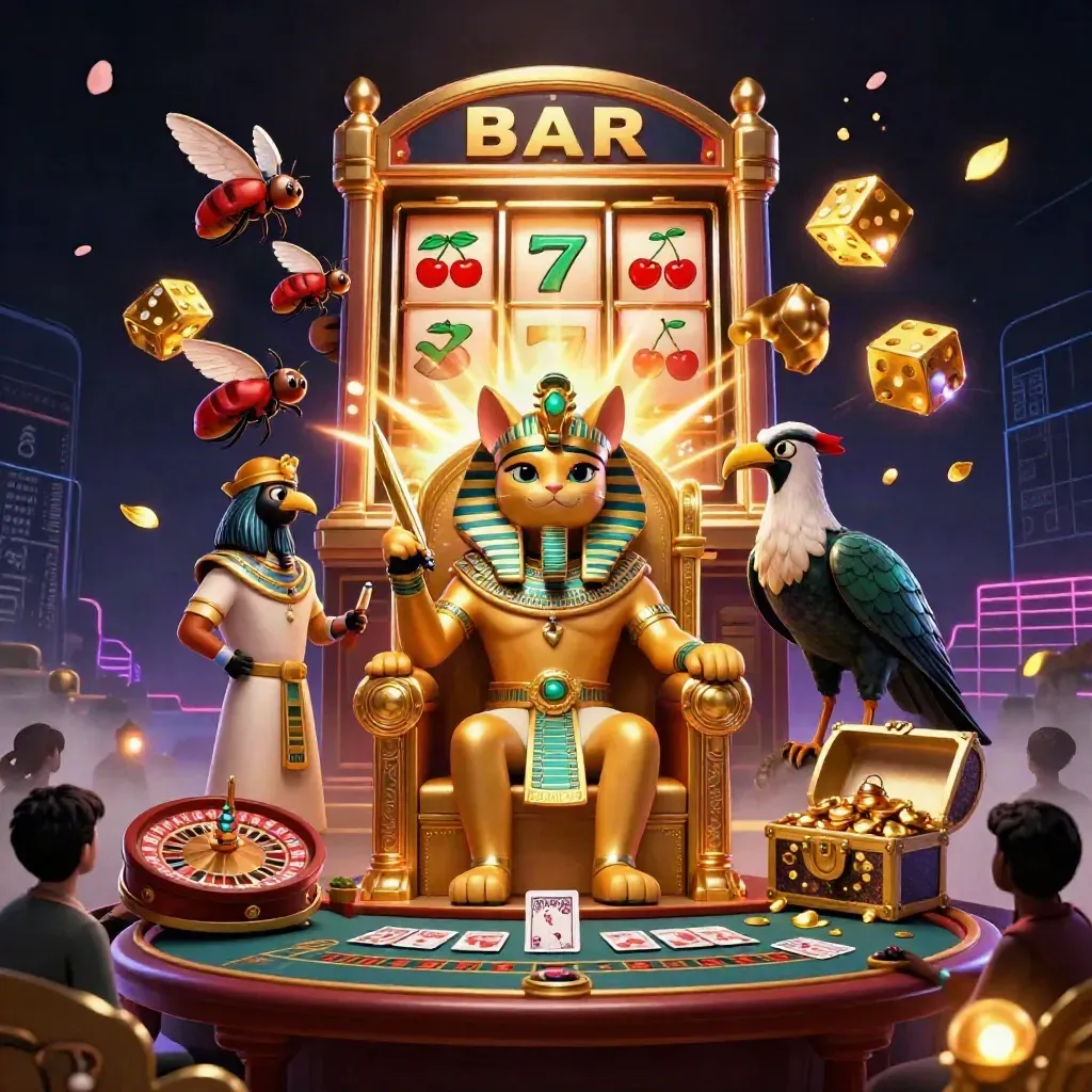 Pharaoh cat, ibis scribe and scarabs amid slot burst, roulette, cards and gold.