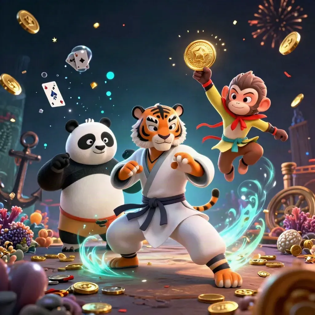 Tiger, panda, and monkey kung-fu heroes amid treasure coins and cyan magic in a dark casino cove