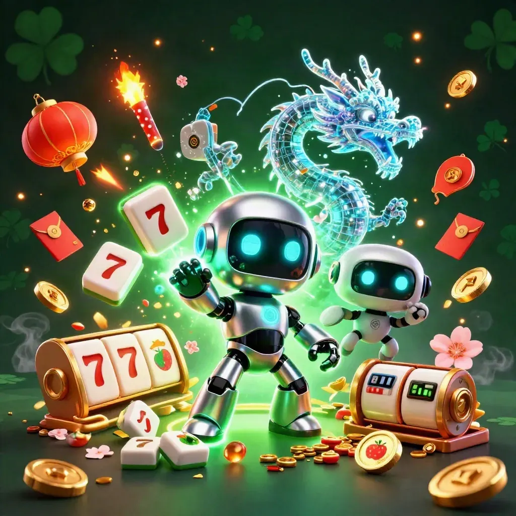 Cyberpunk robot, holographic dragon, and coin drone amid casino treasure bursts and emerald light