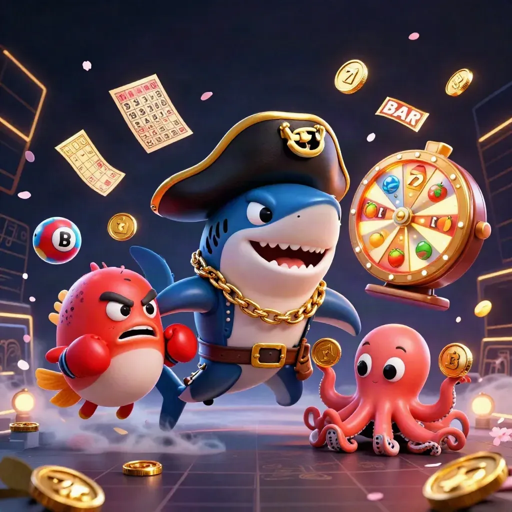 Pirate shark, boxing pufferfish, and coin-juggling octopus amid casino bursts and gold glow
