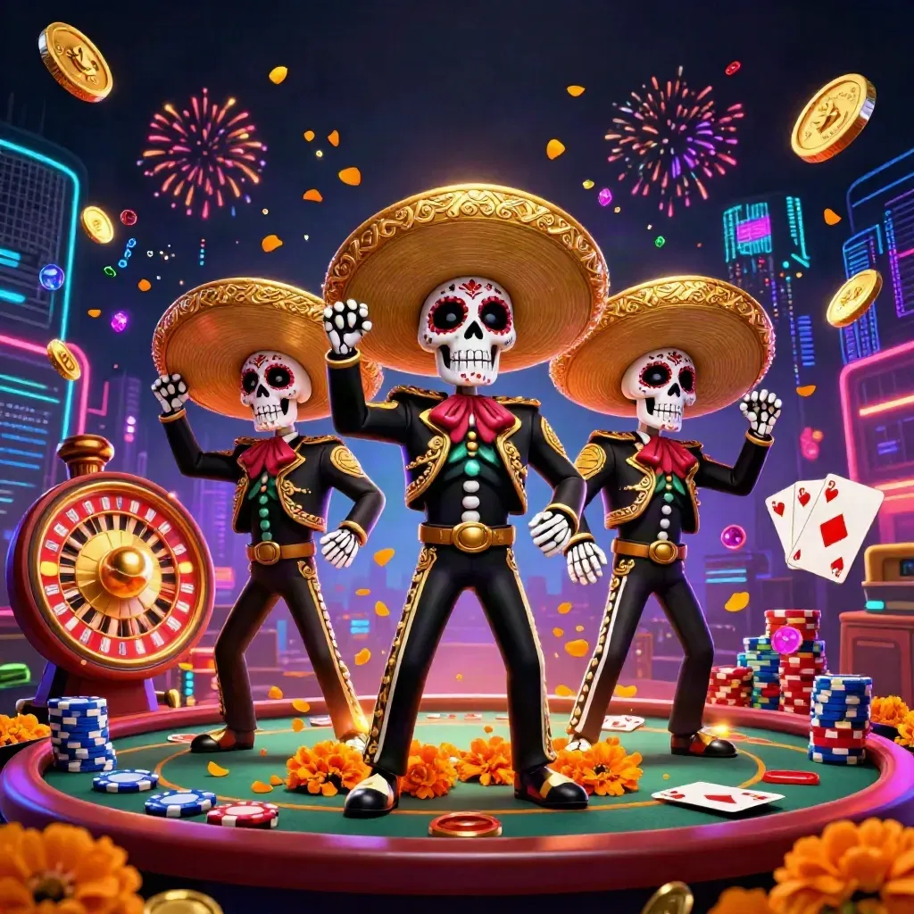 Three skeleton mariachi players amid coins, chips, cards, roulette wheel, and neon casino fireworks