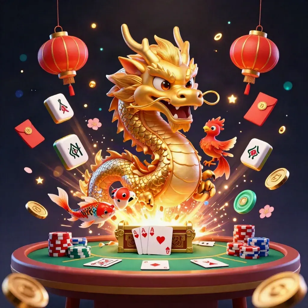 Golden dragon, phoenix and koi burst from treasure over poker chips and casino gold.