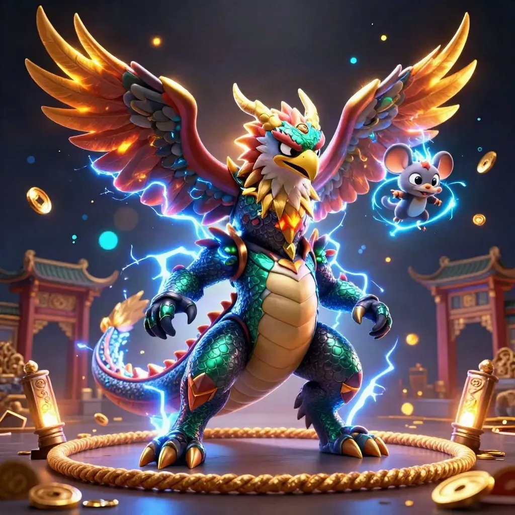 Thunder dragon, glowing hawk and static mouse burst through a temple gate in luxe casino fantasy.