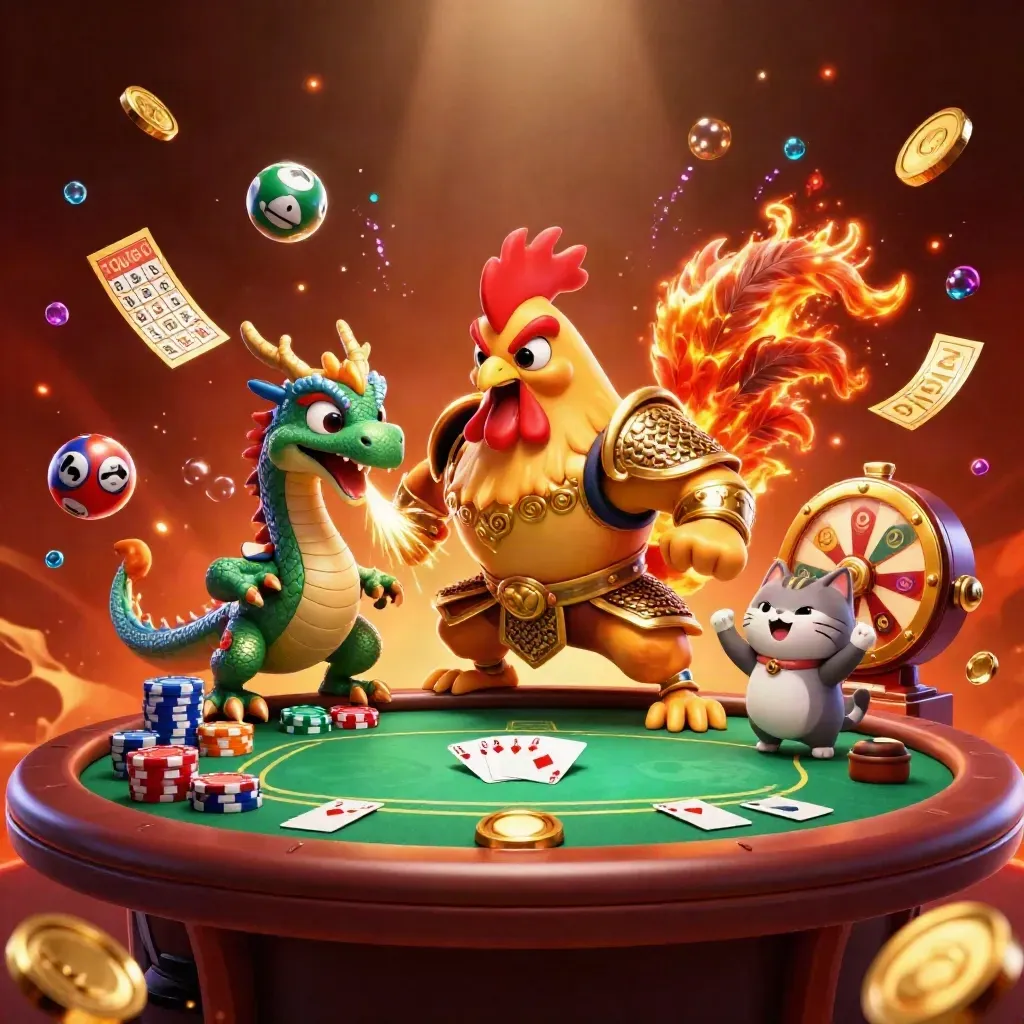 Rooster warrior, dragon hatchling, and fortune cat amid casino treasure, chips, and fireworks