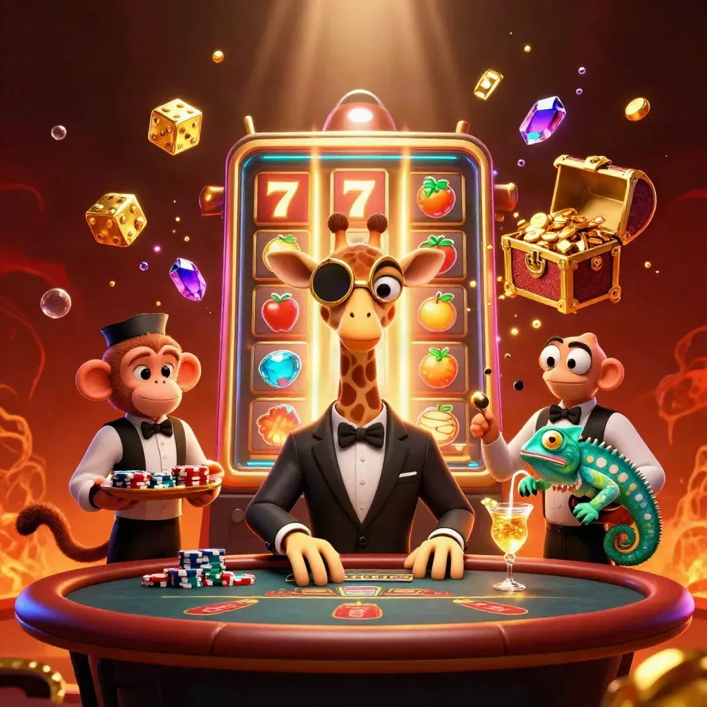 Giraffe, monkey, and chameleon in luxe casino action with gold bursts and glowing dice.
