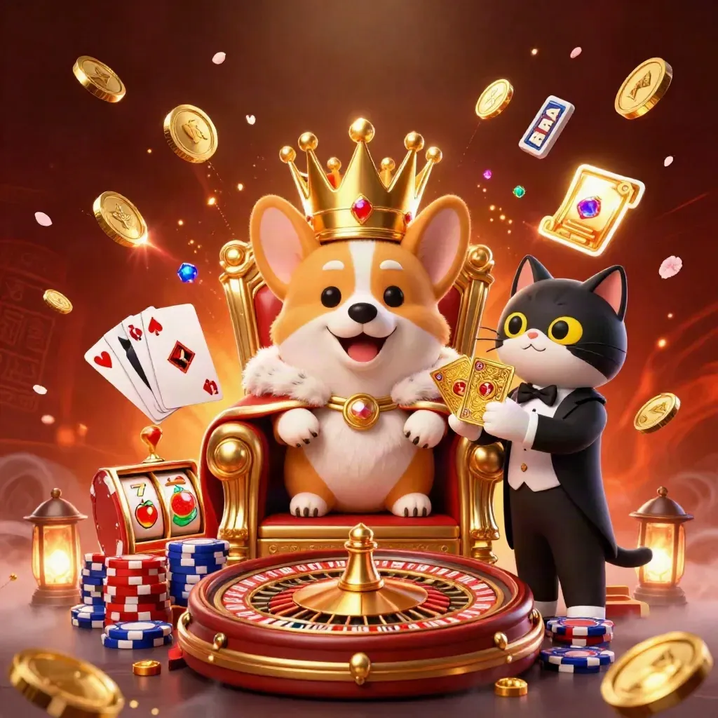 Royal corgi on chip throne with cat butler, coins, cards, roulette wheel, and glowing slot symbols.