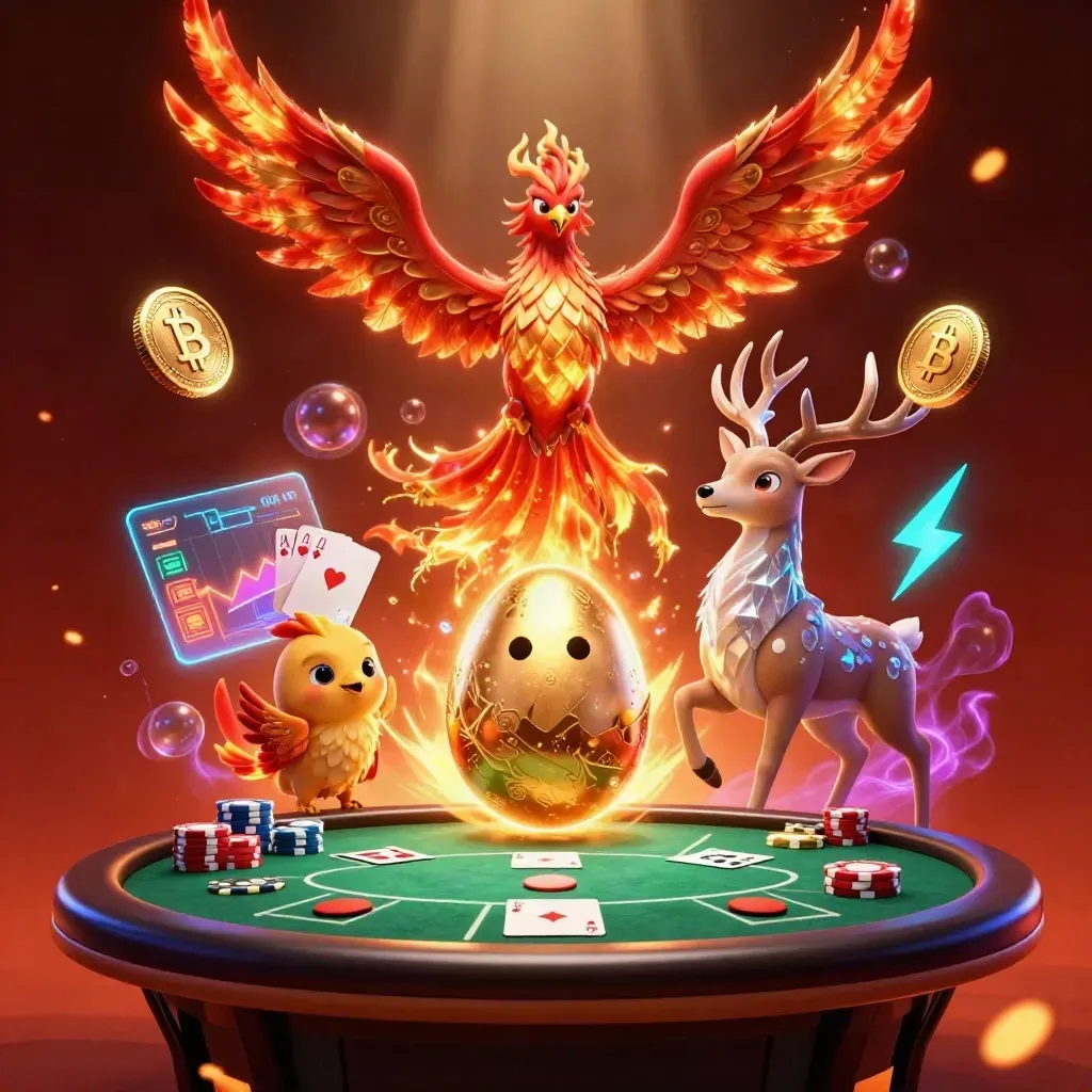 Phoenix trio and crystal stag erupt over poker table, coins, crypto links, ember glow