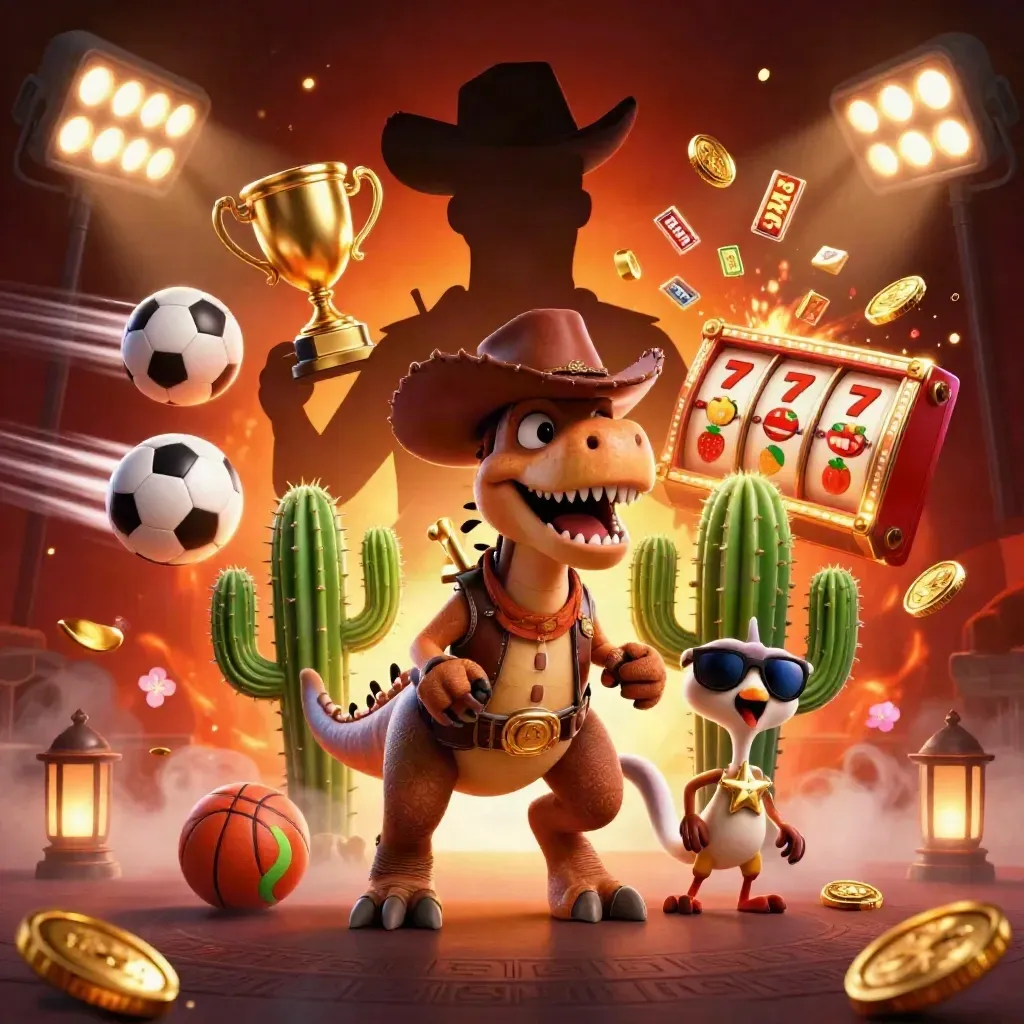 Cowboy T-Rex trio amid casino effects, coins, floodlights, and slot symbols.