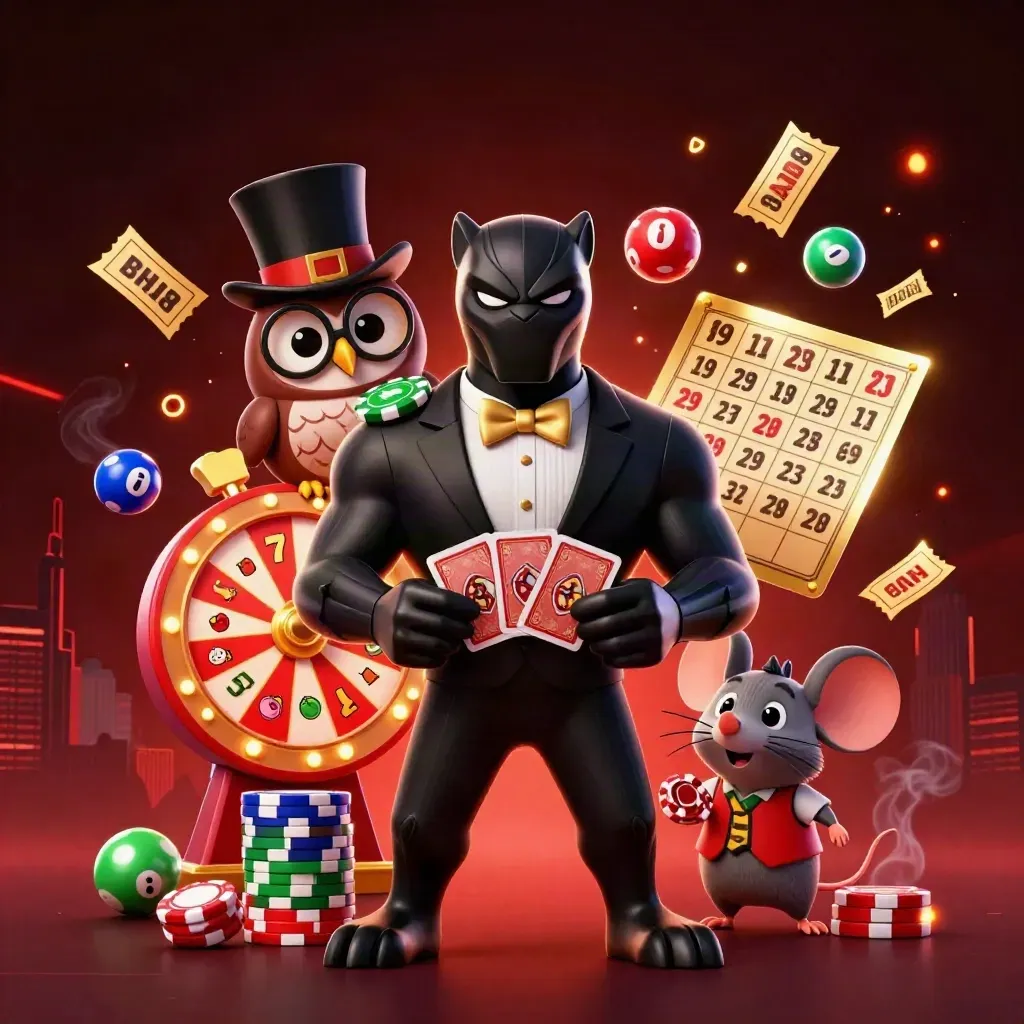 Black panther dealer with owl and mouse amid casino props, red-lit luxe splash art