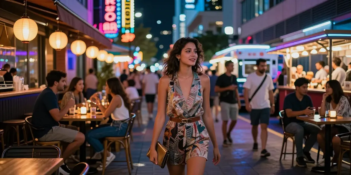 Gái gọi trong không gian thành phố sôi động, ánh đèn neon tạo không khí thú vị và hấp dẫn.
